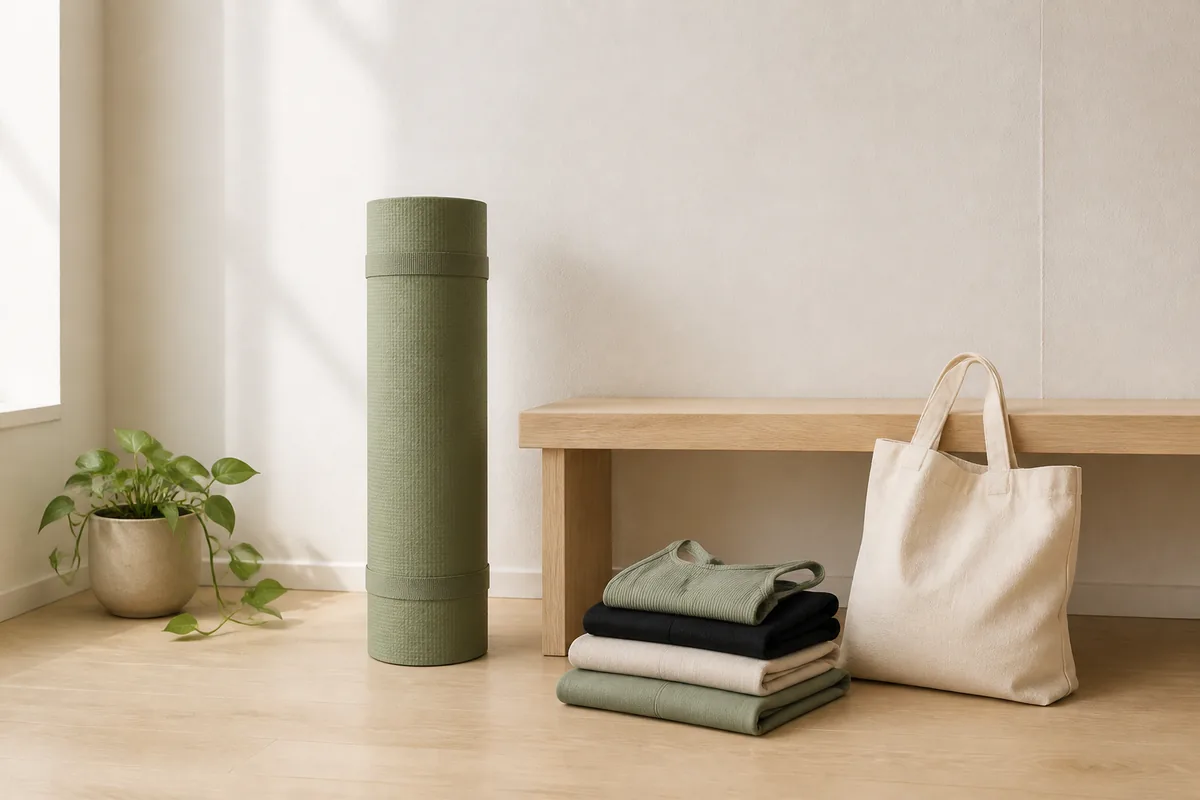 Rolled yoga mat, folded activewear and a canvas tote in a bright minimal studio