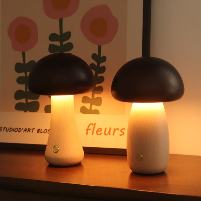 Nordic mushroom LED table lamp with solid wood base — trending home decor 2026