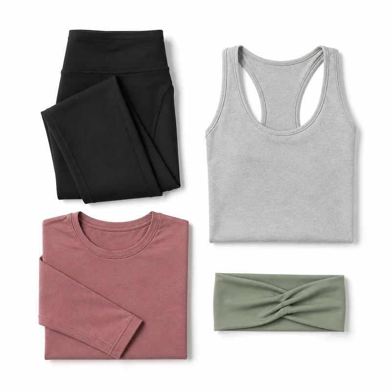 Flat-lay of leggings, a tank top, a long-sleeve top and a headband in black, grey, dusty rose and sage